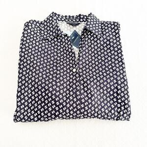 Land's End No Iron Pinpoint Oxford True Navy Print Long Sleeve Shirt Size 20 NWT